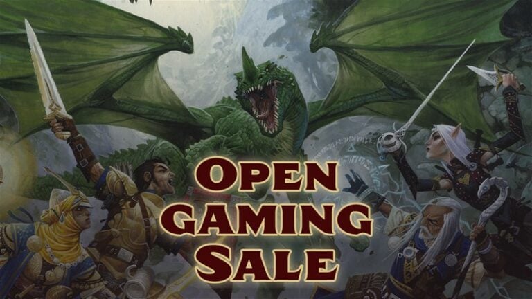 Fantasy artwork featuring a green dragon with wings spread wide, surrounded by armed adventurers. The text "Paizo Gaming Sale" is displayed prominently in the center.