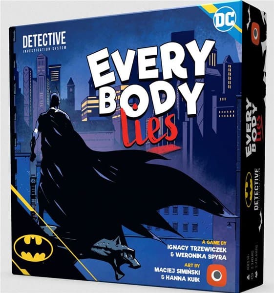 The image showcases the board game box for "Detective: Every Body Lies" by Portal Games. It features Batman silhouetted against a cityscape, with "Everybody Lies" prominently in bold letters. The game credits are listed below, and a DC logo is present in the top corner.