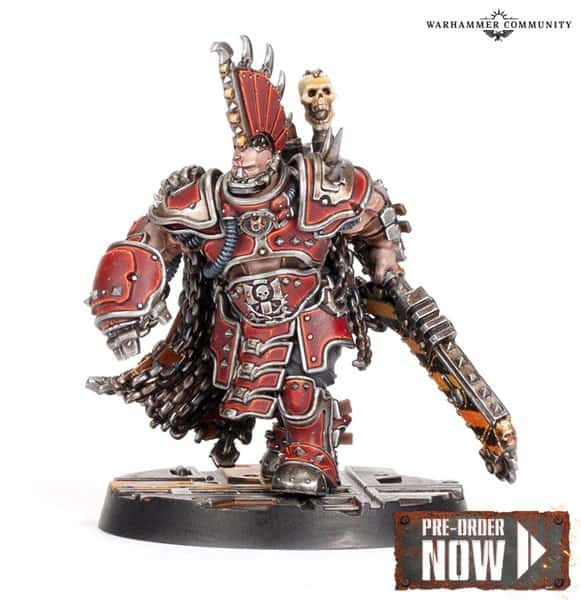 A detailed miniature figure in red and silver armor with a skull motif, wielding a chainsaw-like weapon. The character features a mohawk helmet and stands on a round base. Text reads "Warhammer Community" and "Pre-order Now." Perfect for any Necromunda Minis enthusiast!