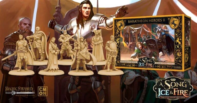 The box set art for "Baratheon Heroes II" by CMON and Dark Sword Miniatures showcases intricately detailed miniature figures of fantasy knights and warriors, with a prominent armored leader on the cover, embodying the epic battles from "A Song of Ice and Fire.
