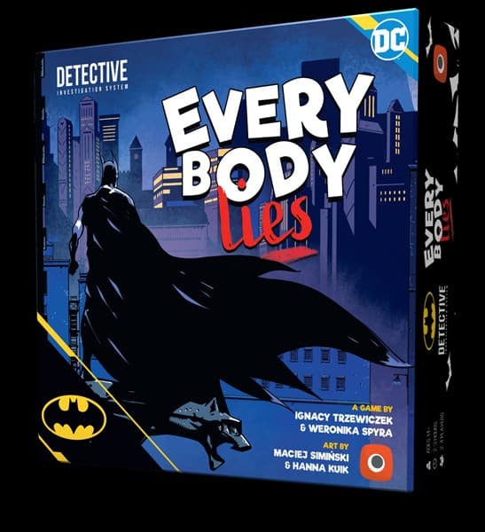 Board game box showcasing a superhero figurine overlooking a cityscape at night. Title reads "Everybody Lies" in bold letters. The box highlights logos, including a bat symbol, and credits for the creators and artists at the bottom—a must-have for fans of Batman and detective games by Portal Games.