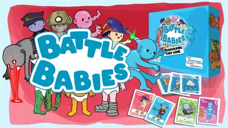 The "Battle Babies" card game cover bursts with color, showcasing cartoon baby characters in diverse costumes, like a firefighter and pirate. Highlighted against a vibrant red background, the game's Kickstarter spotlight reveals its exciting deckbuilding elements through the box and illustrated cards.