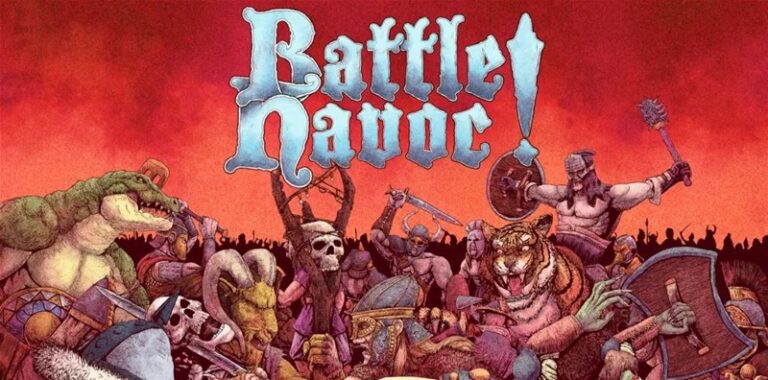 Illustrated fantasy battle scene featuring mythical creatures and warriors in combat, part of the Seb Games Starter Set. The background is a fiery red with large text at the top reading "Battle Havoc!".