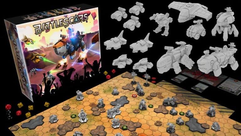 A board game titled "Battlescars" is displayed with its box on the upper left. This Kickstarter favorite features Sci-Fi miniatures, a hexagonal tiled board, various miniature vehicles and robots, dice, and cards—all set in a futuristic battle-oriented world.