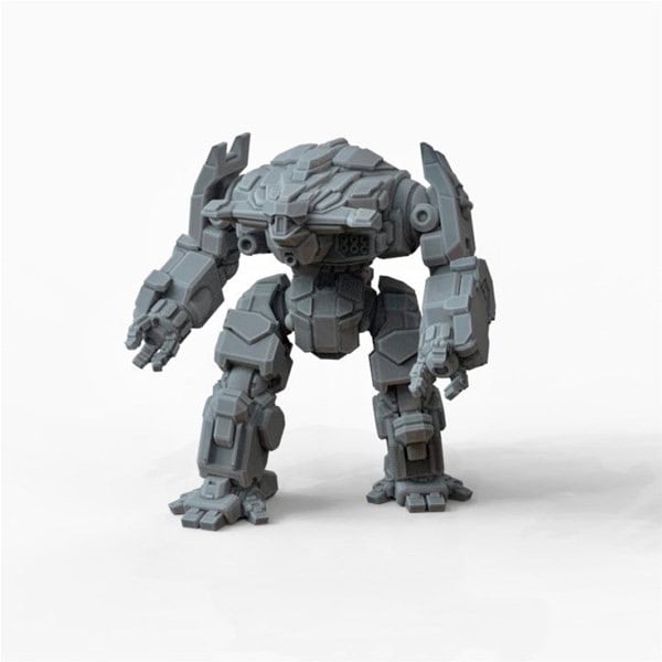 A gray, futuristic robot crafted by Hammerhead Production stands on a plain white background. Its bulky limbs and intricate armor plating feature angular, geometric shapes, giving it an imposing and structured appearance reminiscent of a Catalyst Game Labs creation.