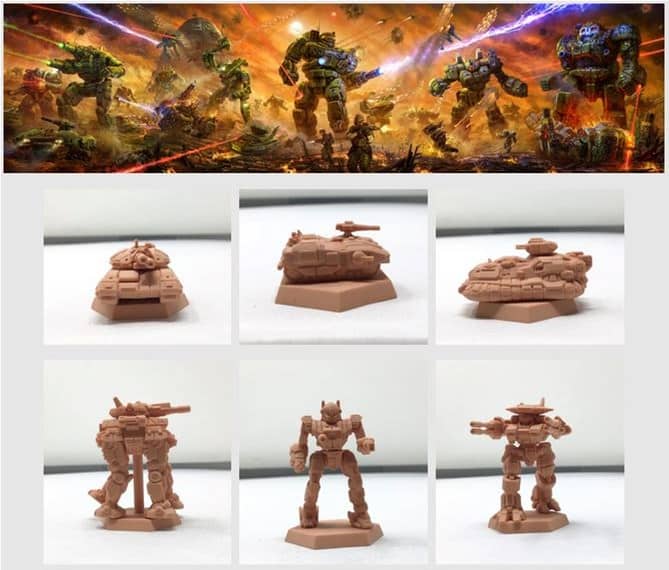 A collage showcases a futuristic BattleTech scene at the top, featuring large mechanized robots in combat. Below are six images of miniature models for Catalyst Game Labs' Mercenaries: three futuristic tanks and three robots, strategically placed on bases and viewed from different angles.