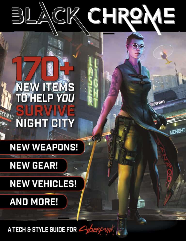 A futuristic woman with cybernetic enhancements stands confidently in a neon-lit cityscape. Text highlights: "170+ New Items to Survive Night City," including weapons, gear, and vehicles. Dive into the Black Chrome tech & style guide for the ultimate Cyberpunk RED experience.