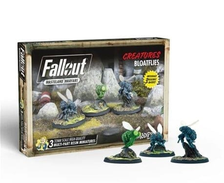 Available now, this box of "Fallout: Wasteland Warfare" miniatures showcases four intricately detailed Bloatflies on bases. Three expertly assembled figures are displayed in front of the box, highlighting the unique craftsmanship and eerie charm of these fly-like creatures.