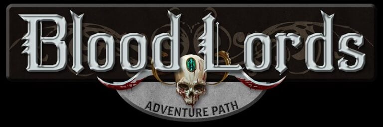 The image showcases "Blood Lords Adventure Path" in a dark, gothic style reminiscent of classic Paizo themes. Below the text, a skull with horns and wings adds to the sinister allure, inviting players to dive into the depths of this thrilling Player's Guide.