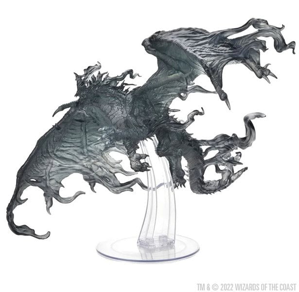 A dark, ghostly dragon figurine with tattered, wispy wings and an eerie appearance, set on a clear, curved stand. The Adult Blue Shadow Dragon by WizKids has a menacing look with its mouth open, showcasing its detailed design.