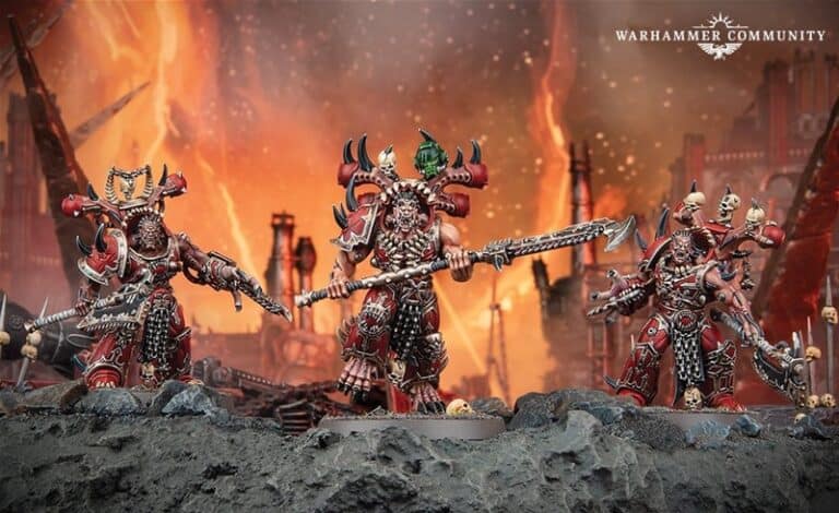 Three intricately detailed, armored Eightbound figurines stand on rocky terrain with a fiery background. Each figure holds a large weapon, showcasing ornate designs and vivid red and gold colors. This Games Workshop masterpiece conveys a dramatic, battle-ready atmosphere in the 40k universe.