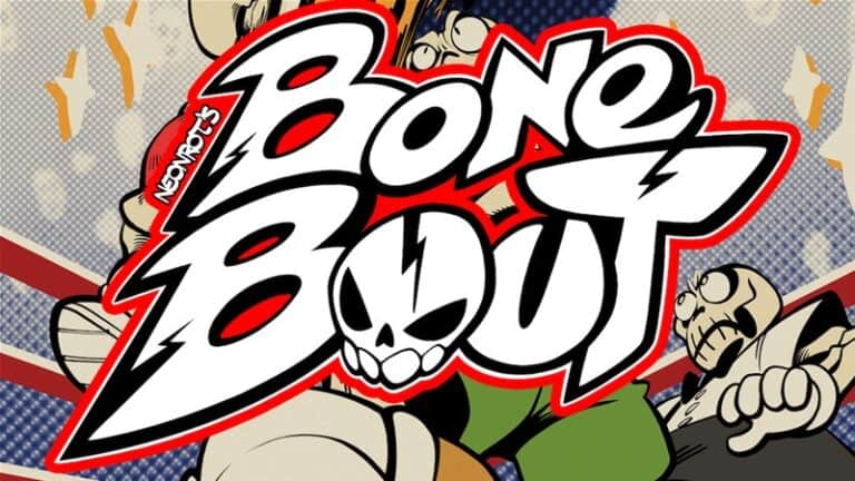 Bold graphic text "Bone Bout" with a skull design is featured prominently, capturing the excitement of Skeleton Boxing RPG. Surrounded by dynamic comic-style illustrations of abstract characters in action poses set against a dotted background, this vibrant scene hints at an upcoming Kickstarter campaign.
