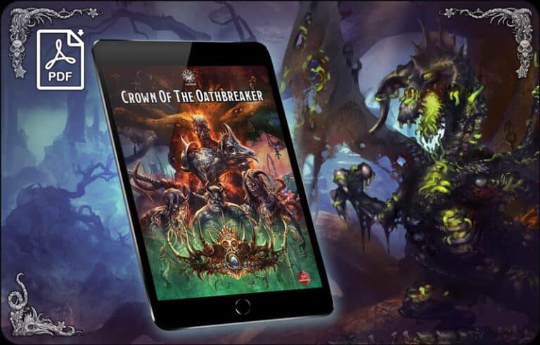 A fantasy book cover on a tablet, "Crown of the Oathbreaker," showcases mythical creatures and warriors in a dark, mystical RPG adventure. The background features a fantasy landscape with a large, fearsome creature on the right. A PDF icon is visible.