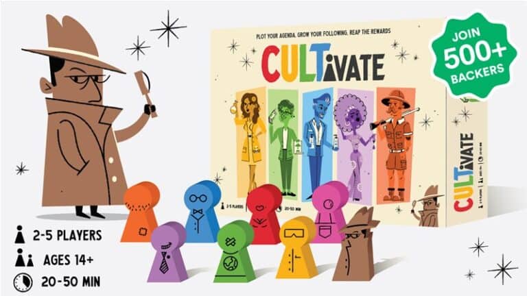 A colorful board game box titled "CULTivate" is shown with cartoon characters representing different roles. Text indicates: "2-5 players," "Ages 14+," "20-50 min." A detective holds a magnifying glass, and a sign proudly reads, "Join 500+ backers on Kickstarter for the CULTivate Board Game.