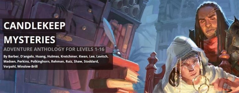 The fantasy book cover, "Candlekeep Mysteries," immerses you into a world of RPG Adventures. Two characters delve into knowledge, one engrossed in a book while the other scrutinizes a scroll amidst towering bookshelves. Brought to life by Wizards of the Coast, this scene invites endless exploration.
