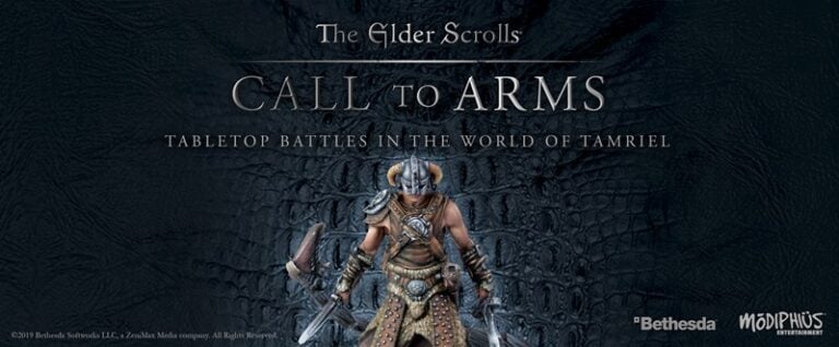 Promotional image for "The Elder Scrolls: Call to Arms" miniatures board game featuring a warrior in detailed armor with weapons, set against a textured background. Text reads "Tabletop Battles in the World of Tamriel." Logos for Bethesda and Modiphius Entertainment are included.