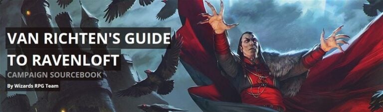 The cover of "Van Richten's Guide to Ravenloft" by the Wizards RPG Team—a D&D supplement from Wizards of the Coast—features a mysterious figure in a red and gray cloak, surrounded by ravens against an ominous sky.