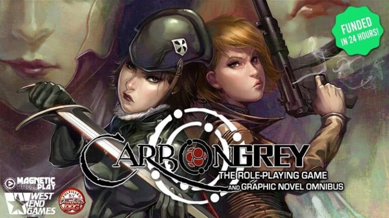Illustrated cover of "Carbon Grey: The Role-Playing Game and Graphic Novel Omnibus" exudes dieselpunk RPG vibes, showcasing two women in combat gear, one wielding a weapon. A green label declares "Funded on Kickstarter in 24 hours!" Logos of Magnetic Press Play and West End Games stand proudly.
