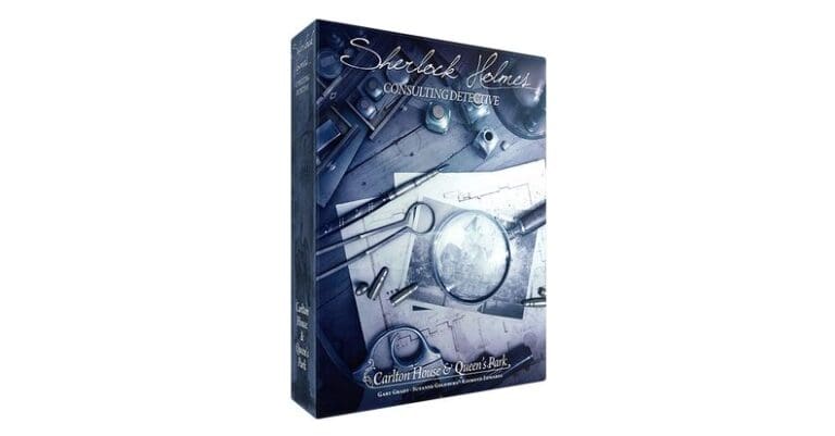 Box cover of the board game "Sherlock Holmes: Consulting Detective." Featuring items like a magnifying glass, pipe, and map, it suggests a teetotaler mystery. The colors are mostly blue and gray, with the Asmodee-backed title in cursive at the top.