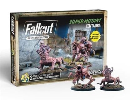 The "Fallout: Wasteland Warfare" box showcases Super Mutant Centaurs in a stunning post-apocalyptic vignette. Detailed figures emerge from the chaos, with two assembled miniatures boldly displayed in the foreground, reflecting the game's immersive world.