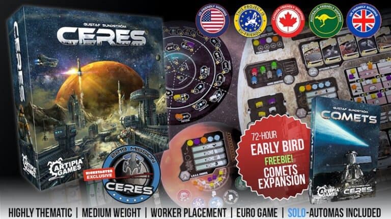 A colorful promotional image for the board game "Ceres" by Arcpia Games, featured on Kickstarter. It showcases the game box, boards, cards, and highlights features like "highly thematic," "worker placement," and "solo automas included." Various country flags are also displayed.