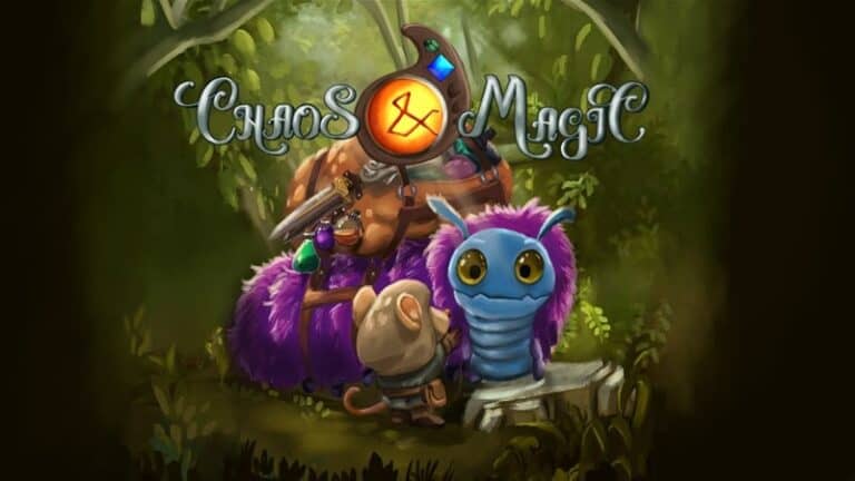 A whimsical, colorful illustration titled "Chaos & Magic" brims with RPG charm. It showcases a tiny creature with a staff, a furry purple being with big eyes, and a caped figure wielding a potion, all set in a lush mystical forest as captivating as any Kickstarter fantasy.