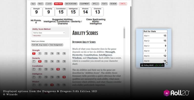 Screenshot of a Dungeons & Dragons character creation screen on Roll20, featuring the Charactermancer. Visible options include abilities like Strength, Dexterity, Constitution, Intelligence, Wisdom, and Charisma with scores. A sidebar reveals rolling results for stats.