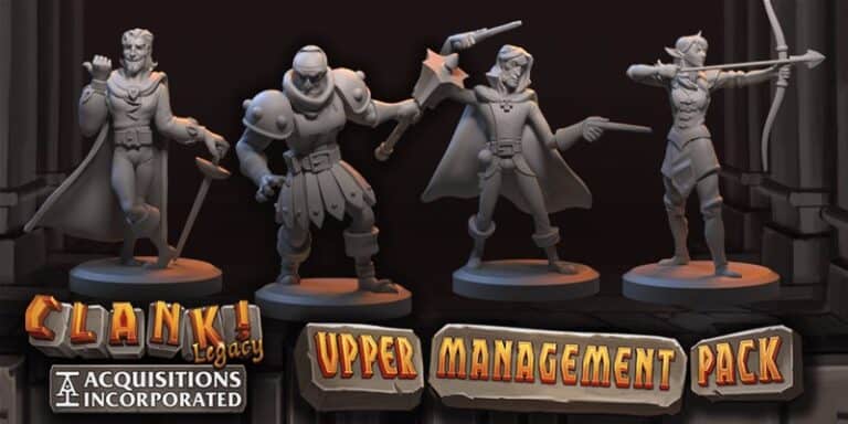 Four fantasy character miniatures showcase a warrior with a sword, wizard with a staff, rogue with a dagger, and archer with a bow. Text reads "Clank! Legacy: Upper Management Pack, Acquisitions Incorporated." Perfect for enhancing your tabletop adventures.