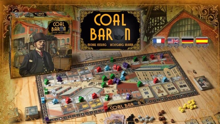 Image of the board game "Coal Baron" with an open game board displaying colorful pieces and cards. The box features a vintage illustration of a man in a suit and hat, hinting at its Kickstarter origins. Flags from different countries are shown, suggesting multilingual options.