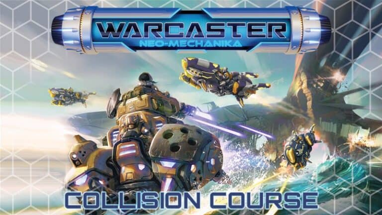 Science fiction artwork featuring robots and vehicles clashing on water in a dynamic battle scene. "Warcaster Neo-Mechanika: Collision Course" stands out against a hexagonal background, capturing the excitement of Privateer Press’s latest Kickstarter project.