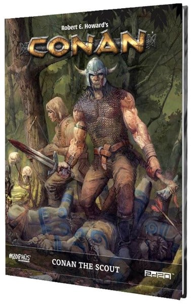 Illustrated book cover of "Conan the Scout" by Robert E. Howard, an RPG supplement by Modiphius. It features a muscular warrior with a helmet, holding a sword, standing over defeated enemies in a forest setting. The scene conveys a sense of adventure and combat.