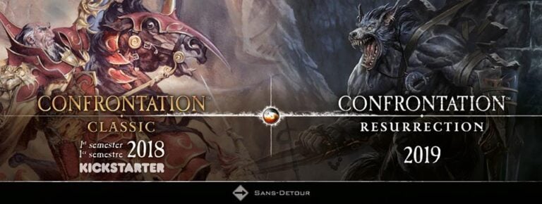 A fantasy artwork split into two halves: on the left, an armored creature with red and gold details; on the right, a werewolf growls fiercely. Dive into "Confrontation Classic 2018 Kickstarter" and discover new info with "Confrontation Resurrection 2019.