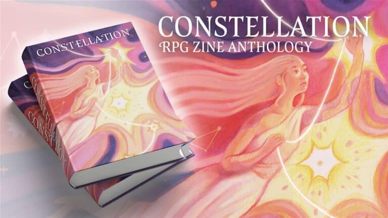 Cover art for "Constellation: RPG Zine Anthology" showcases an ethereal figure holding a bright star against a swirling cosmic backdrop. Two copies of this Kickstarter-supported book are displayed, highlighting its fantasy theme.
