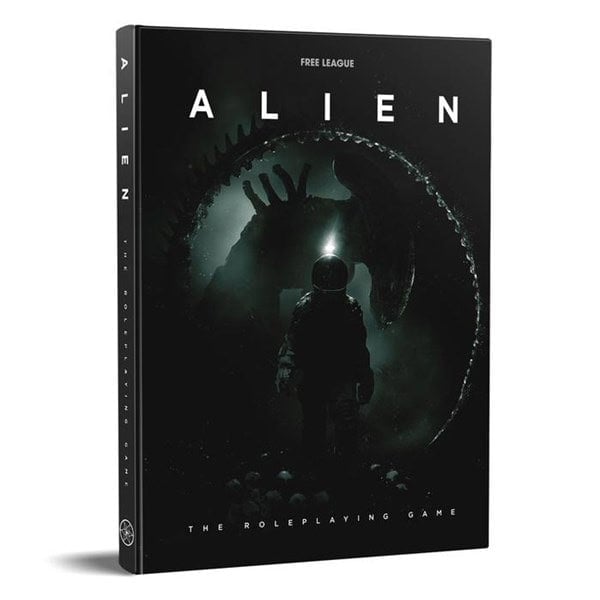 The official cover of "Alien: The Roleplaying Game" by Free League presents a dramatic scene with a dark silhouette of an astronaut confronting a large alien creature. This atmospheric artwork, tinged with a greenish hue, beautifully captures the essence of the Alien RPG.