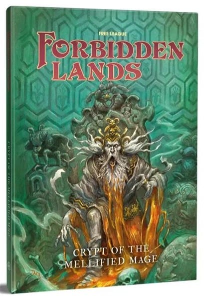 Cover of "Forbidden Lands: Crypt of the Mellified Mage" showcases a mystical, bearded mage in elaborate robes emerging from fiery, swirling mist. The background hints at adventure with a green, hexagonal pattern featuring intricate designs. Perfect for fans of Forbidden Lands RPG.