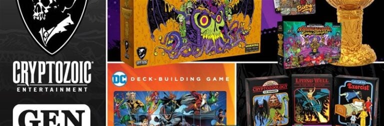 Collage of Cryptozoic Entertainment games, offering a preview of colorful box art and logos. Notable items include a DC deck-building game, illustrated with superheroes, plus several other vibrant, eye-catching designs. Perfect for those excited about the latest reveals at Gen Con.