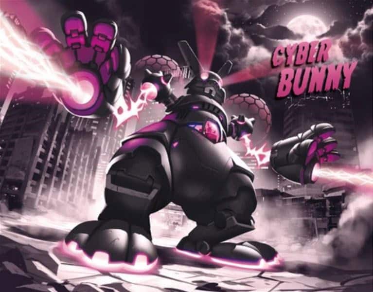 A futuristic, robotic bunny with glowing pink accents stands in a cityscape at night. It raises a metallic hand emitting energy beams—a true Cyber Bunny Monster from the Dark Edition. The moon and clouds form a dramatic backdrop as "Cyber Bunny" flashes in bold pink letters, reigning like the King of Tokyo.