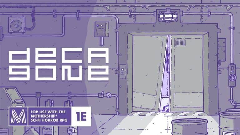A dimly lit industrial room brimming with machinery and pipes reveals a partially open door with a shadowy figure standing in the doorway. Text reads "Decagone RPG" and "For use with the Mothership Sci-Fi Horror RPG 1E." Perfect for your next Kickstarter project.