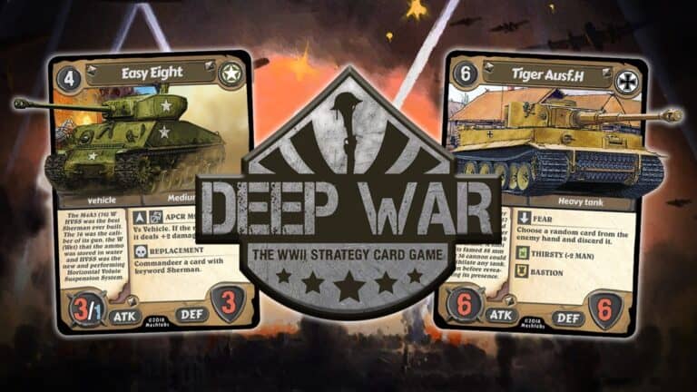 Two strategy card game cards are displayed side by side, featuring tanks named "Easy Eight" and "Tiger Ausf. H." They show attack, defense stats, and special abilities. With the bold "DEEP WAR: The WWII Strategy Card Game" logo in the background, this Kickstarter project is a must-see for enthusiasts.