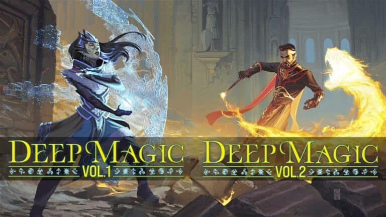 Illustration of two spellcasters from the covers of Deep Magic Vol. 1 and Vol. 2, showcasing a Kickstarter RPG Supplement. The left figure wields icy magic, while the right controls fiery spells, set against a mystical background.