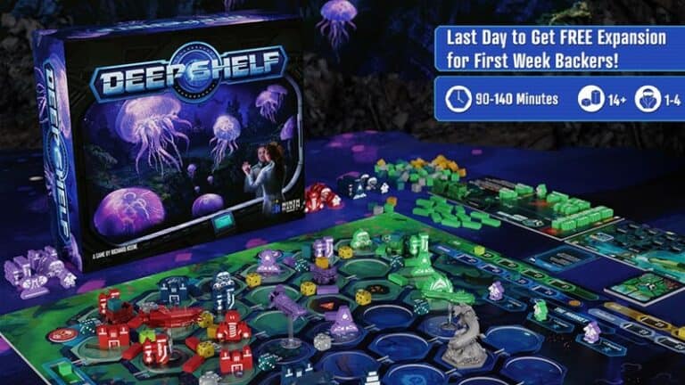 A Kickstarter sensation, the "Deep Shelf" board game setup features colorful tokens, intricate game pieces, and a detailed board. The box proudly displays underwater creatures. Don't miss the last day for a free expansion for early backers! Suitable for ages 14+.