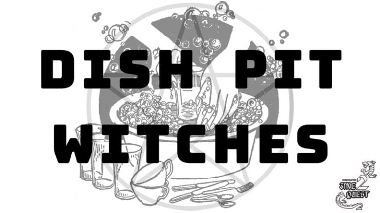This enchanting illustration captures a whimsical dishwashing scene with "Dish Pit Witches" boldly displayed. Soapy dishes, glasses, and bubbles fill the background, as a tiny dragon named "Stine Quest" nods to its adventurous RPG on Kickstarter.