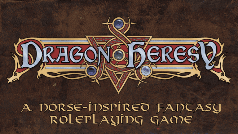 The image showcases the text "Dragon Heresy" adorned with decorative Norse-inspired design elements. Below, it reads "A Norse-Inspired Fantasy RPG" against a rustic, textured background. Embark on this epic adventure launched through Kickstarter.