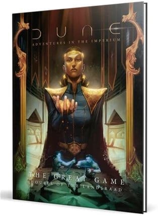 A book cover titled "Dune: Adventures in the Imperium - The Great Game" features a regal figure in a grand hall, flanked by pillars. The figure, reflecting the power struggles of the Houses of the Landsraad, wears ornate clothing and displays an intense, commanding expression.
