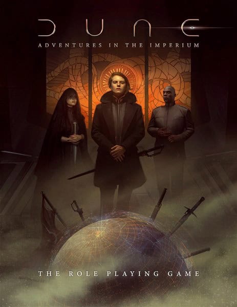 The cover art for "Dune: Adventures in the Imperium" from Modiphius captures a mystical and dramatic scene. Three solemn characters stand, with the central figure flanked by two others. Below, a globe pierced with swords sets the stage for this captivating Dune RPG adventure.