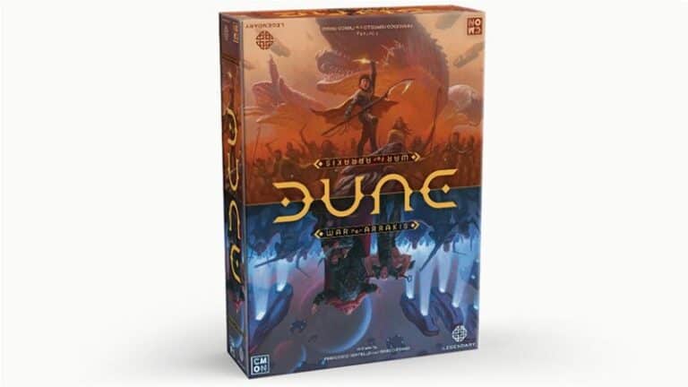 The image depicts the box of the board game "Dune: War for Arrakis," showcasing desert landscapes, figures on sandworms, and a striking color scheme with warm earth tones above and cool blues below.