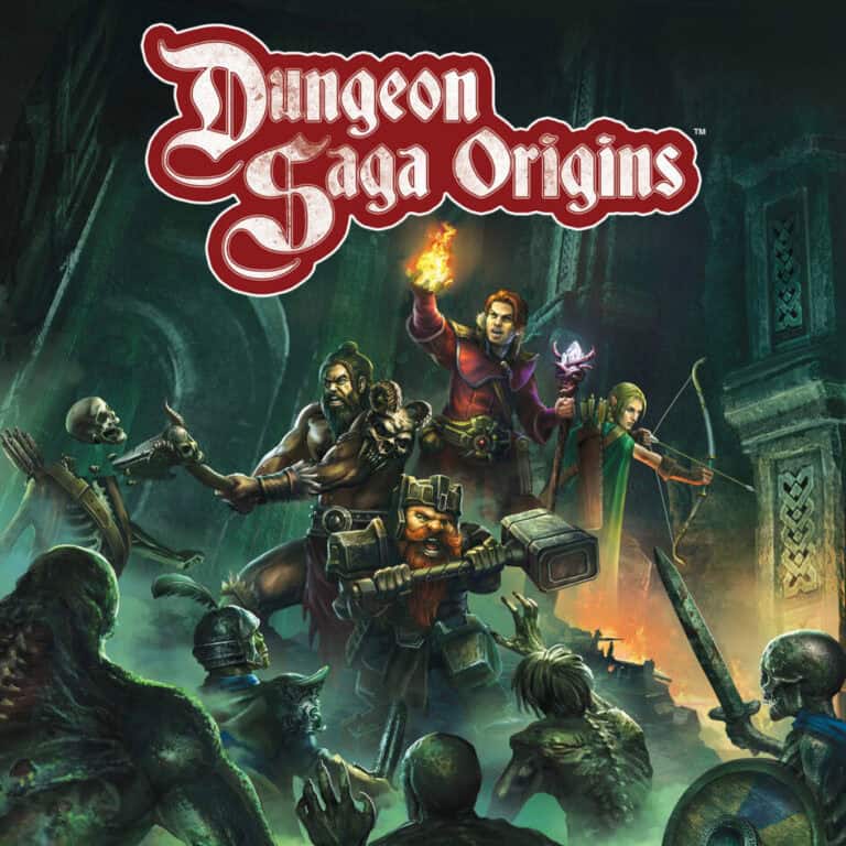Fantasy game cover featuring "Dungeon Saga Origins" by Mantic Games. A group of adventurers—warrior, mage, dwarf, and elf—battles skeletons in a dimly lit dungeon. The mage holds a glowing orb, casting an eerie light on the scene.