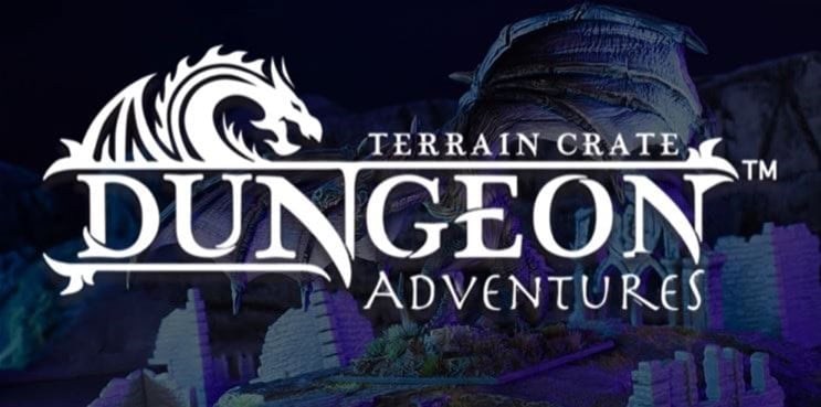 Logo for "Terrain Crate: Dungeon Adventures" by Mantic featuring a stylized dragon design above the text. The background previews a fantasy dungeon landscape with stone structures and purple lighting.