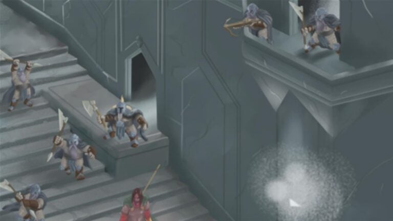 In a snowy, mountainous setting, a small group of axe-wielding figures stands on staircases within the Grey Dwarven Underground City fortress. Crossbowmen guard from above as an individual with a staff faces them, evoking the thrill of an RPG adventure that belongs on Kickstarter.