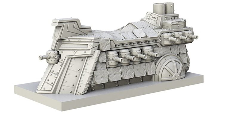 A detailed model of an armored, steam-powered landship from the Dwarven Fleet, featuring multiple cannons, large wheels, and a blocky, reinforced exterior. The vehicle is displayed on a rectangular base as part of the latest Mantic Previews for Armada enthusiasts.